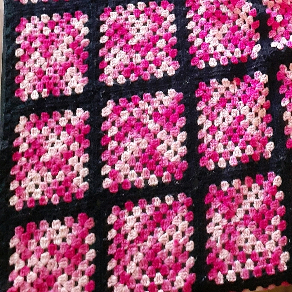 Vintage crochet handmade pink black blanket